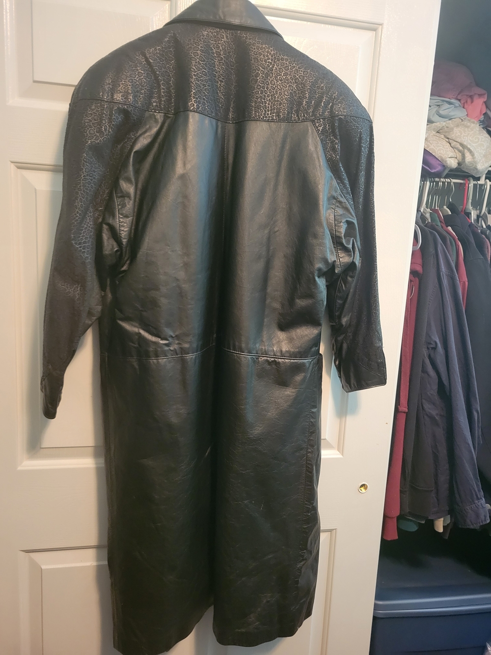 Women's Black Long Leather Coat with Subtle Texture